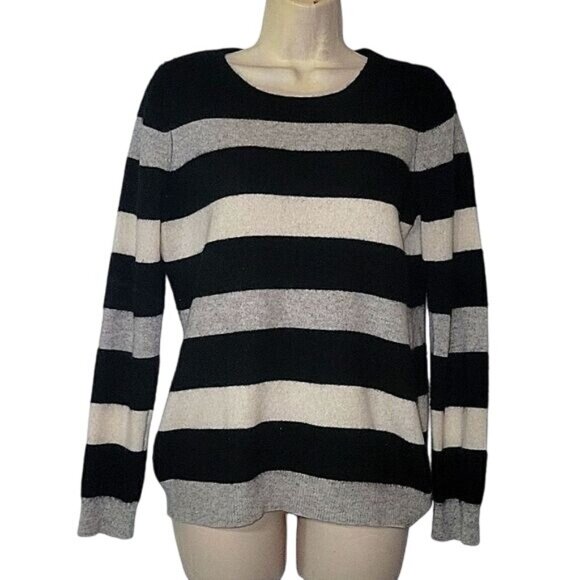 Charter Club Womens Striped Black & Gray Long‎ Sleeve Cashmere Sweater M - Picture 1 of 6